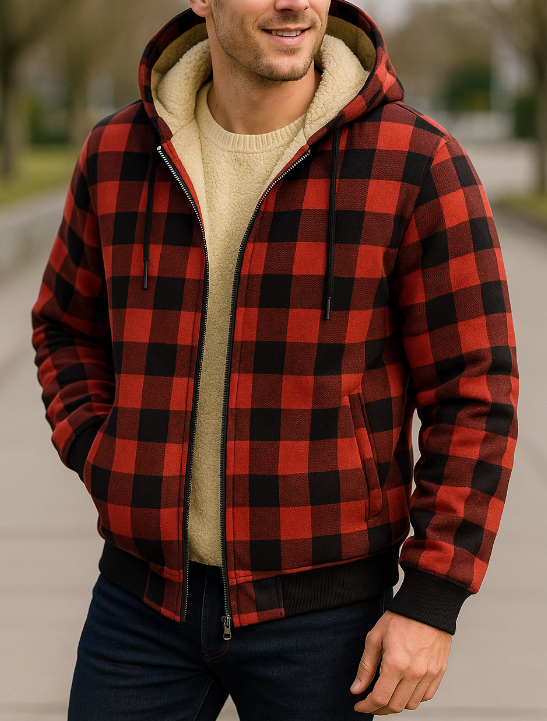 Herenvest met capuchon van lamswol, geruit fleece Zip-Up winters warm jack bovenkleding VIQA VIQA© NEDERLAND