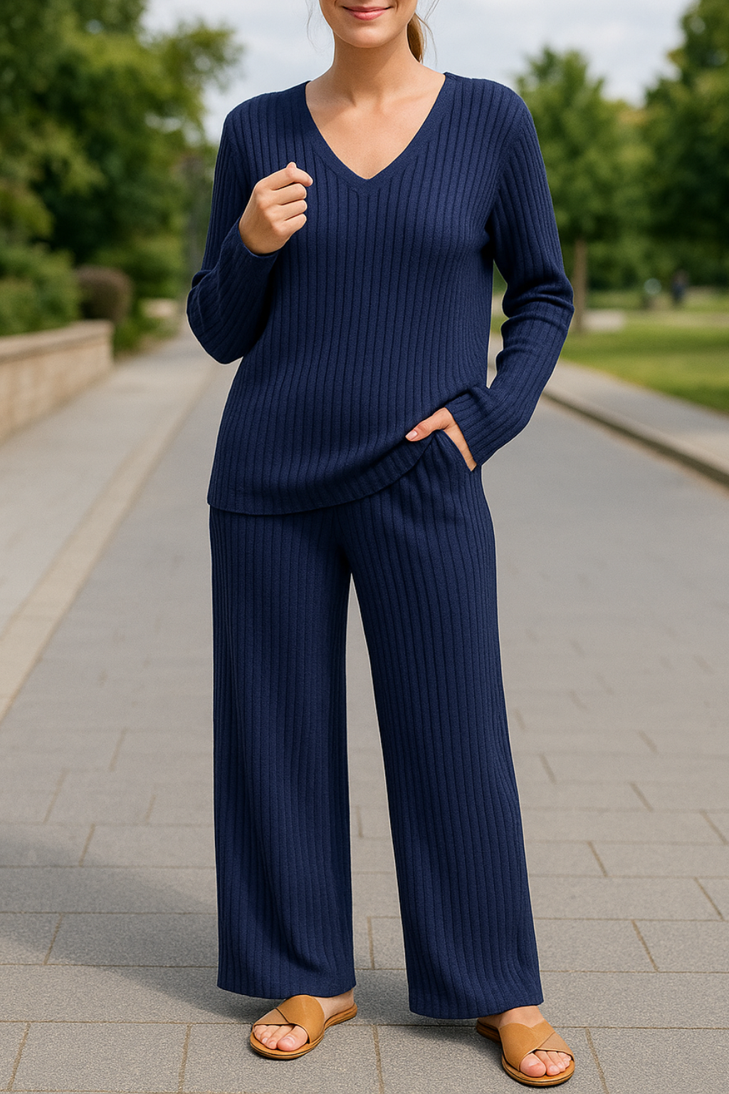 Dames Tweedelige Set, V-hals Geribde Loungewear Met Broek, Herfst Casual Effen Outfit | VIQA VIQA© NEDERLAND