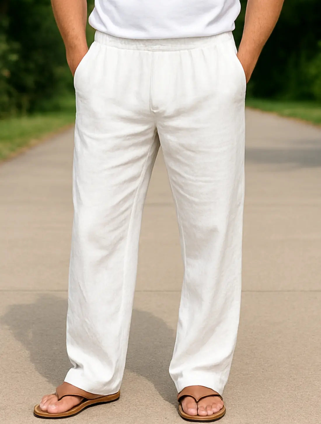 Heren Zomerbroek, Effen Kleur Katoenmix Casual Lange Broek, Los Ademend Strandgoed | VIQA VIQA© NEDERLANDWit / 2XL