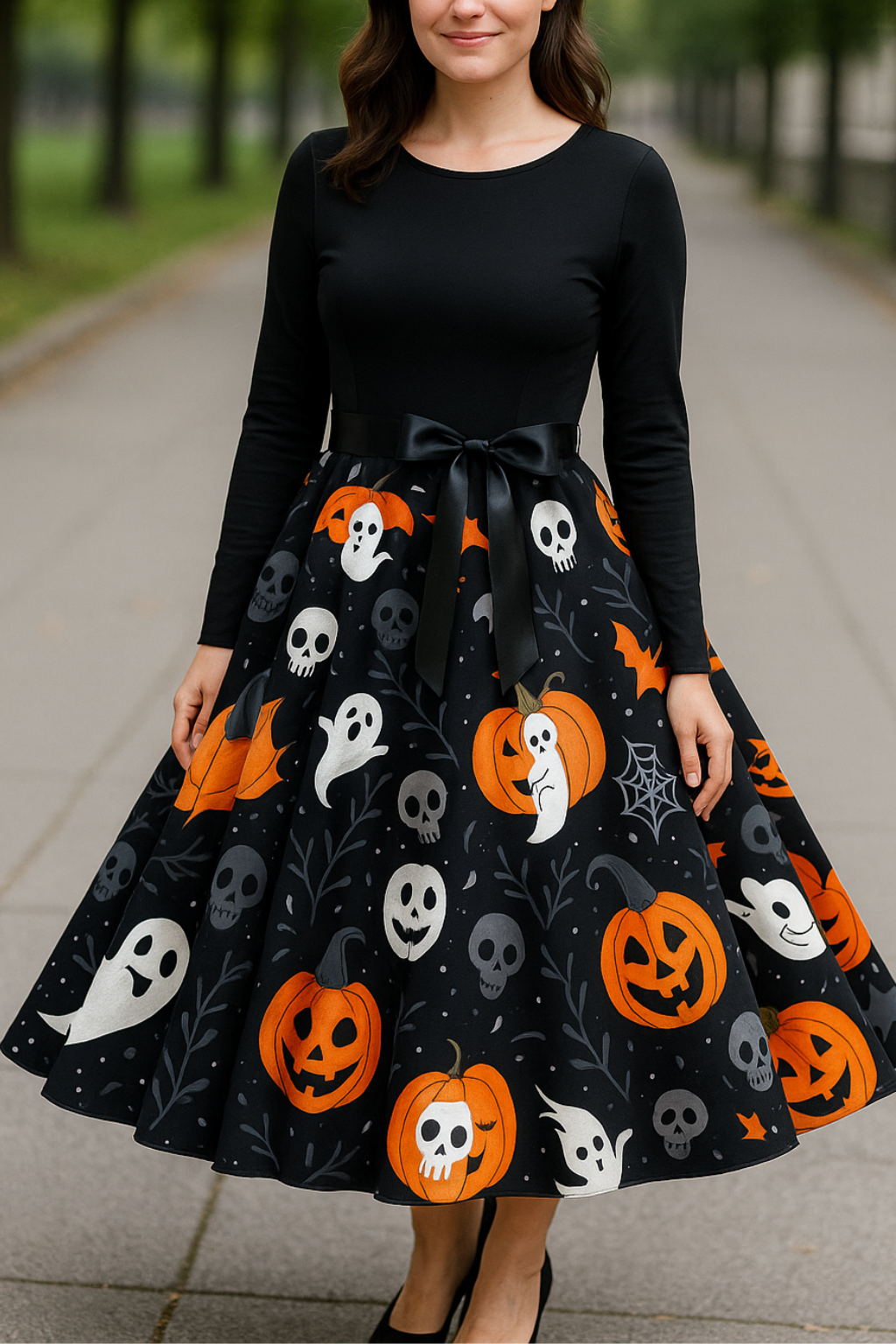Dames Halloween Jurk, Lange Mouwen O-Hals Casual Zwarte Pompoen Print Feestjurk | VIQA VIQA© NEDERLAND