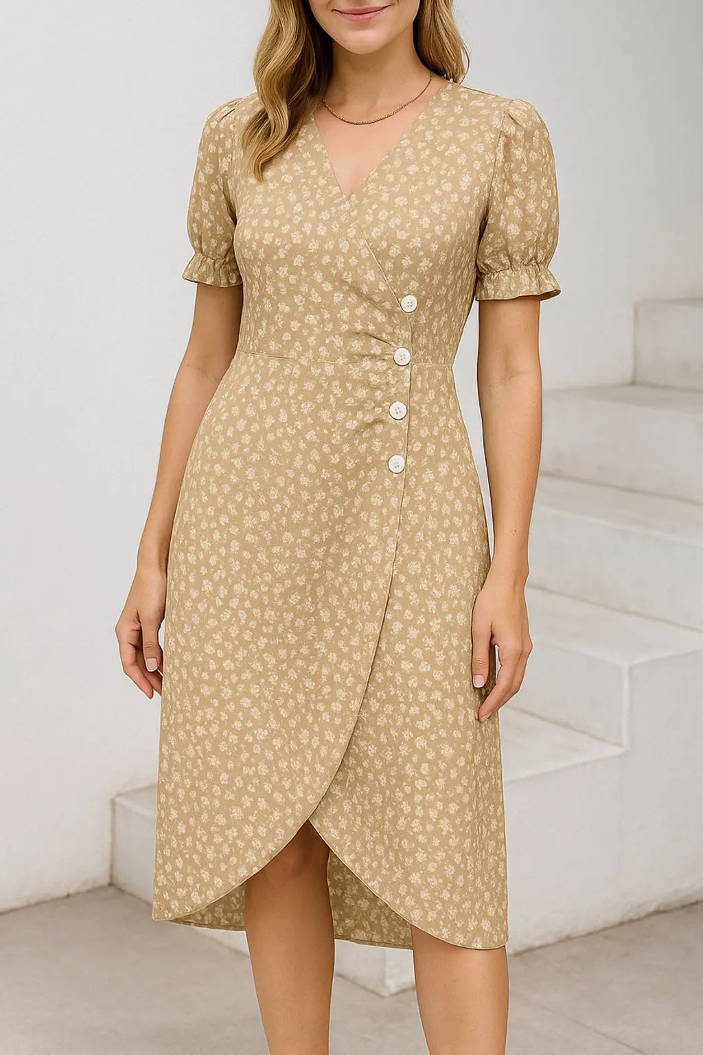 Dames Midi Jurk Met Bloemenprint, Elegante Zomerjurk Met V-Hals, Pofmouwen, Plooien En Knopen | VIQA VIQA© NEDERLANDBeige-2XL