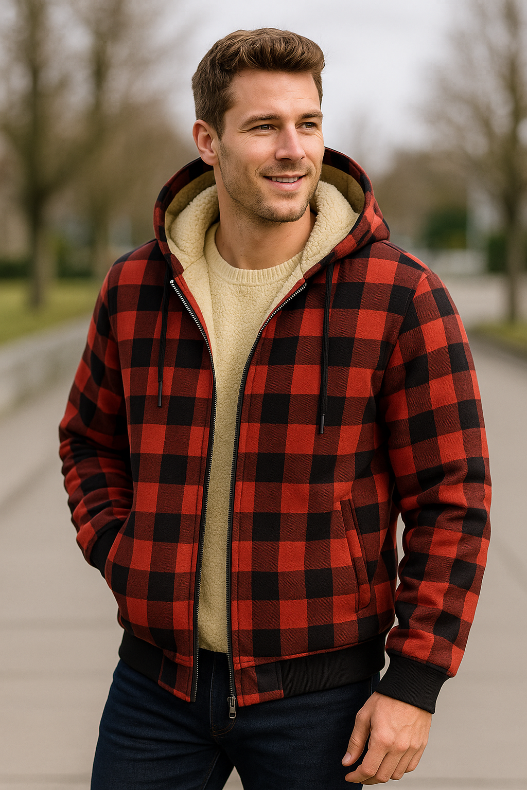 Herenvest met capuchon van lamswol, geruit fleece Zip-Up winters warm jack bovenkleding VIQA VIQA© NEDERLAND