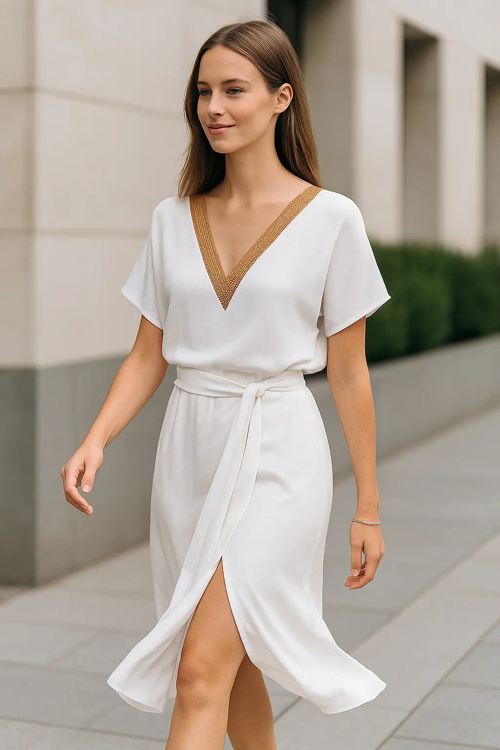 Dames Elegante Kant Midi Jurk, Korte Mouw V-Hals Zomerjurk Met Kant Split Stijl | VIQA VIQA© NEDERLAND