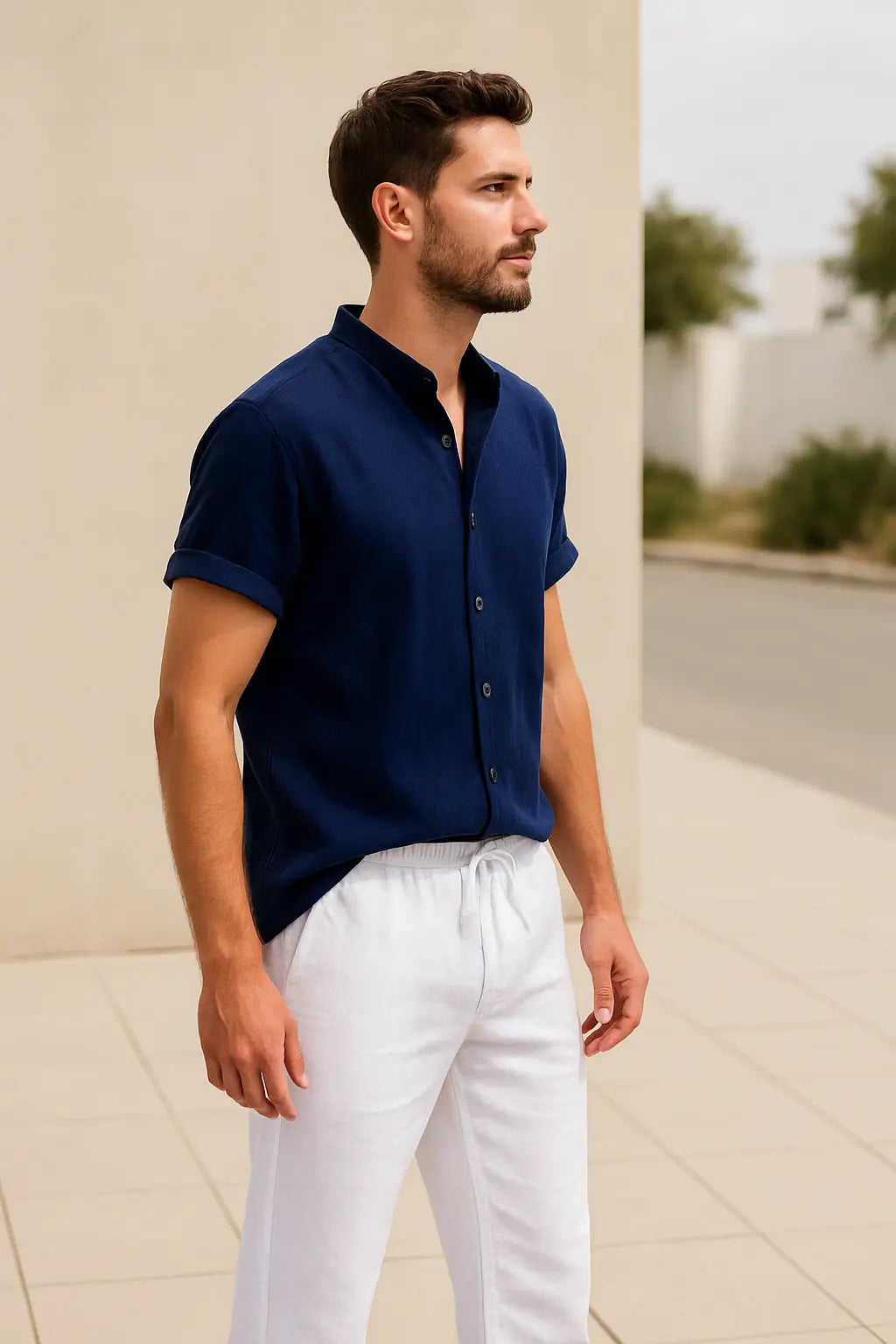 Heren Zomer Tweedelige Set, Katoen-Linnen Shirt Met V-hals En Lange Mouwen En Broek Met Trekkoord, Casual Outfit | VIQA VIQA© NEDERLAND