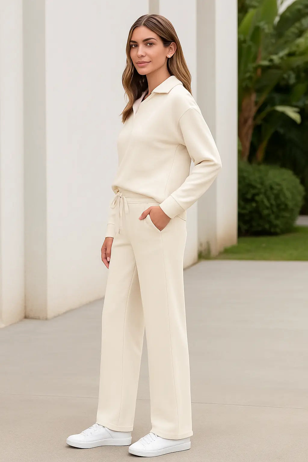 Tweedelige Set Voor Dames, Top Met V-Hals En Lange Mouwen, Elastische Tailleband Met Trekkoord En Wijde Broek Met Elastische Tailleband | VIQA VIQA© NEDERLAND