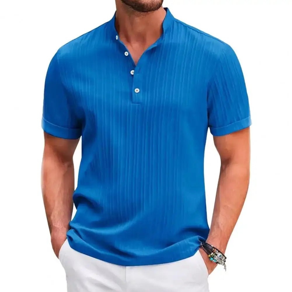 Heren Geborduurd Gestreept Katoenen Henry Overhemd VIQA© NEDERLAND