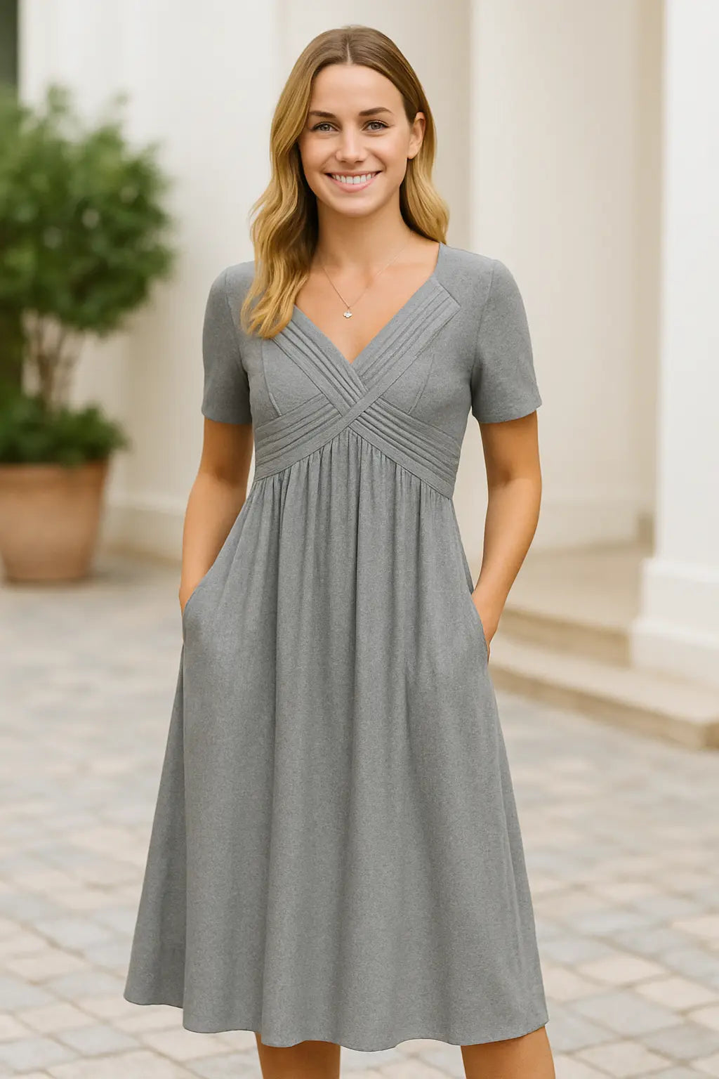 Dames Zomer V-Hals Midi Jurk, Effen Kleur Casual Korte Mouwen Midi Lengte Outfit | VIQA VIQA© NEDERLAND