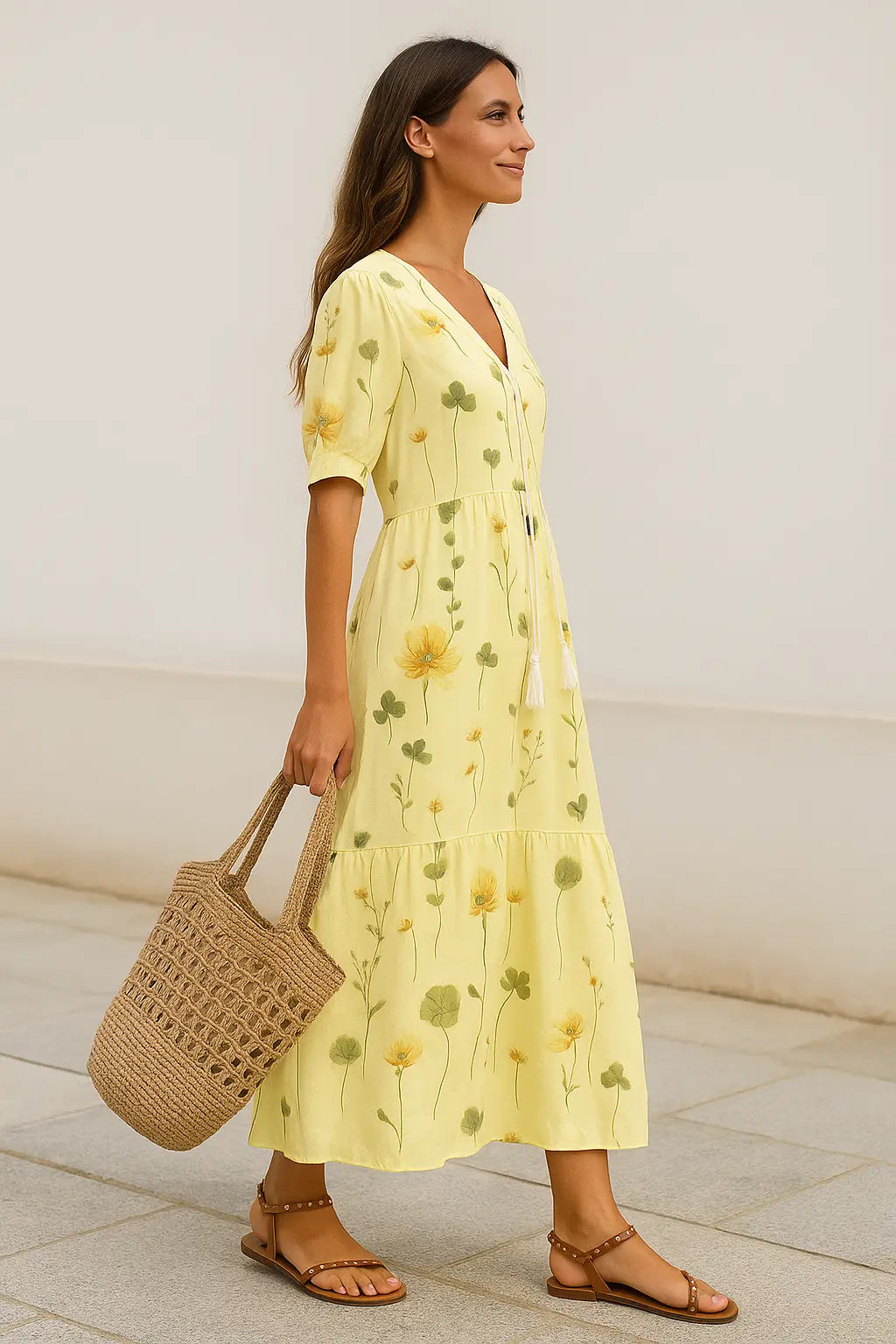 Dames Maxi Zomer V-Hals Bedrukte Jurk, Casual Losse Lange Mouwen Koord Stijl | VIQA VIQA© NEDERLAND