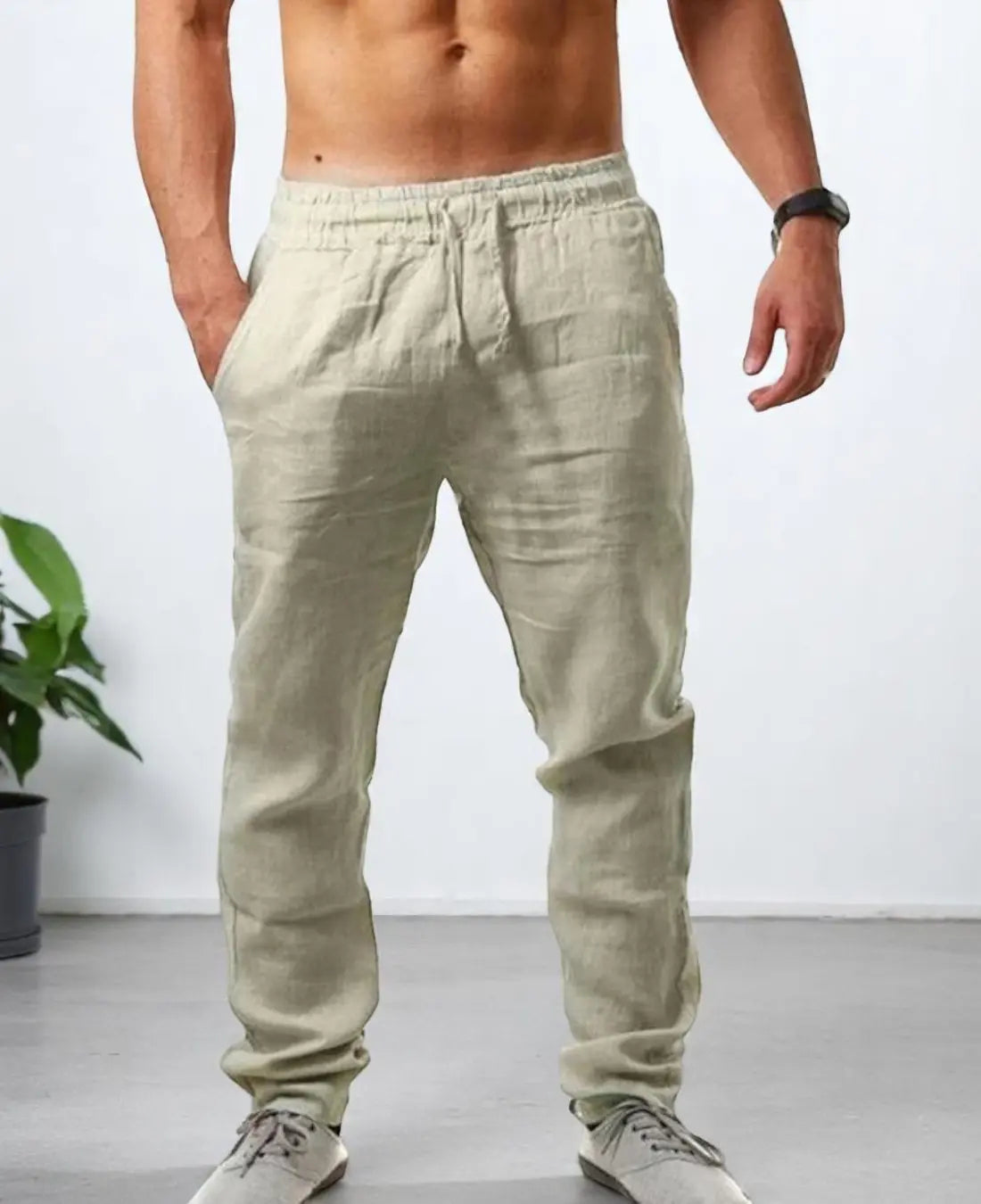 Heren Zomerbroek Katoen Linnen, Lichtgewicht Los Pasvorm, Casual Effen Kleur Broek | VIQA VIQA© NEDERLANDBeige-2XL