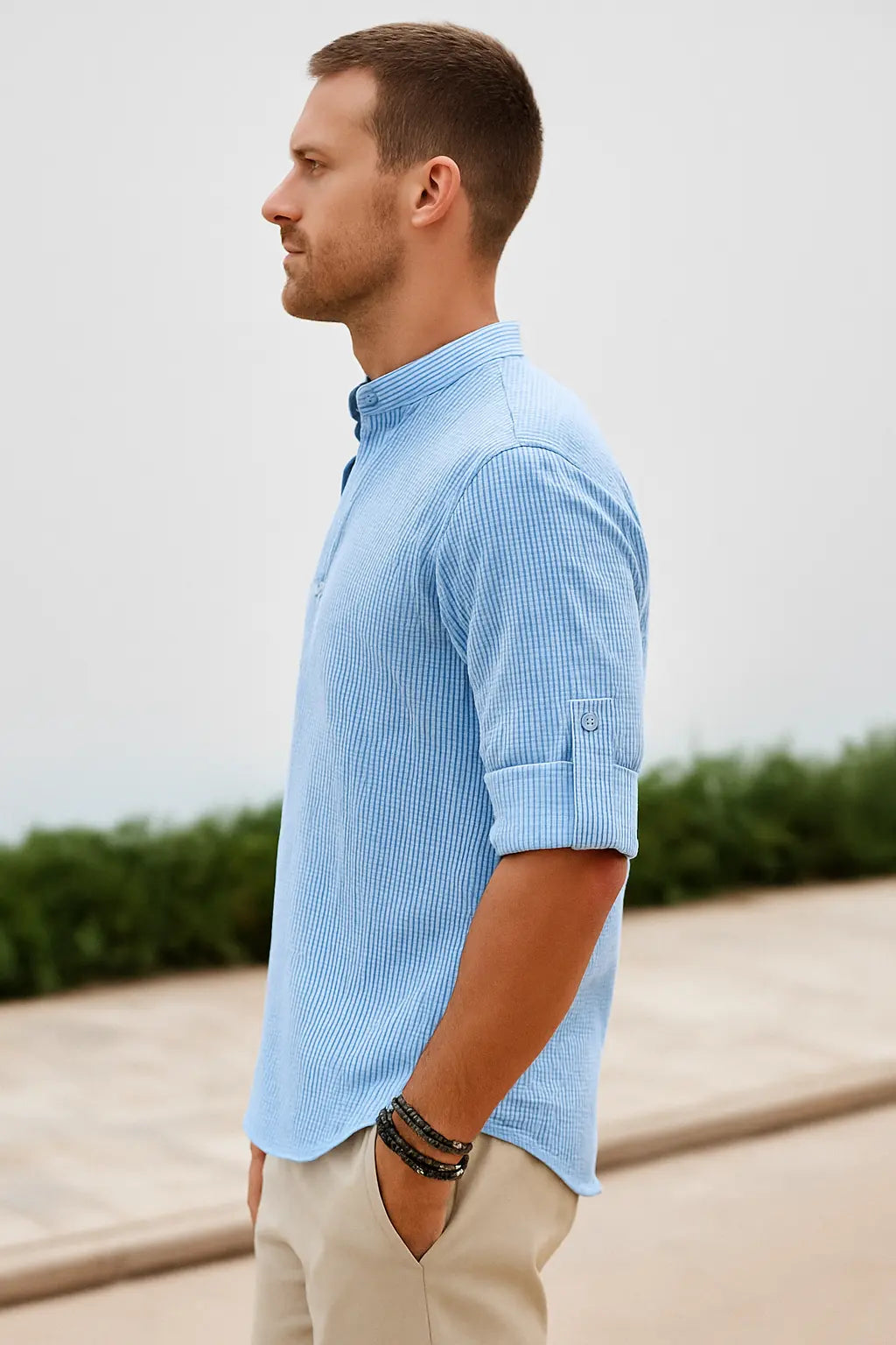 Heren Casual Shirt Met Lange Mouwen, Opstaande Kraag, Knoopsluiting En Halfopen Print | VIQA VIQA© NEDERLAND