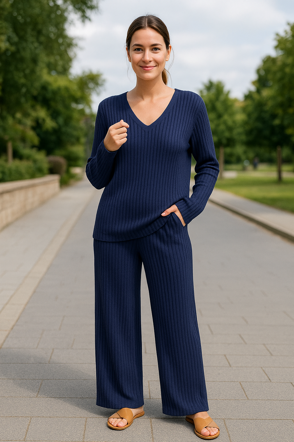 Dames Tweedelige Set, V-hals Geribde Loungewear Met Broek, Herfst Casual Effen Outfit | VIQA VIQA© NEDERLAND