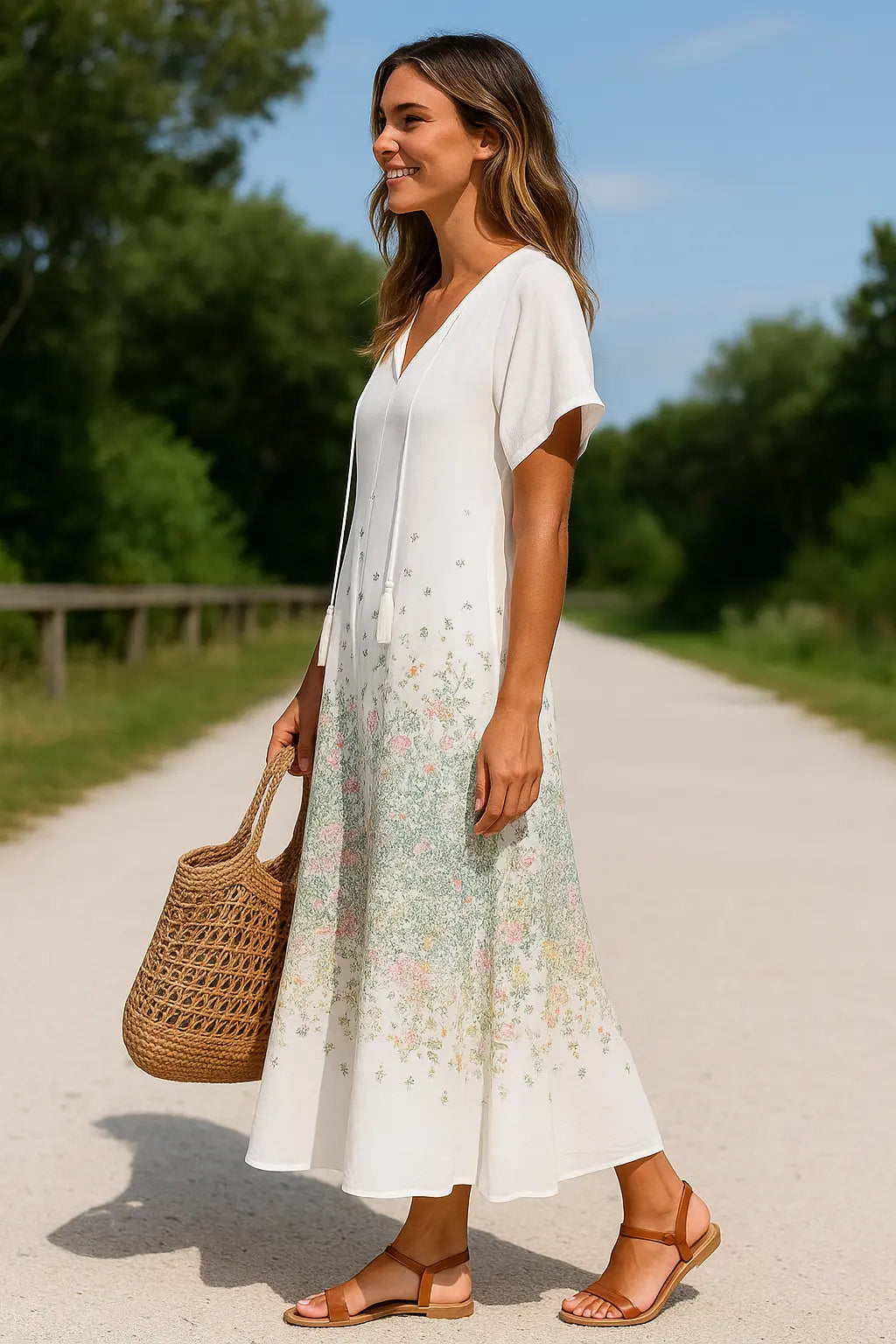 Dames Zomerjurk Met Bloemen V-Hals, Casual Boho Vakantiejurk Met Korte Mouwen En Kwastjes | VIQA VIQA© NEDERLAND