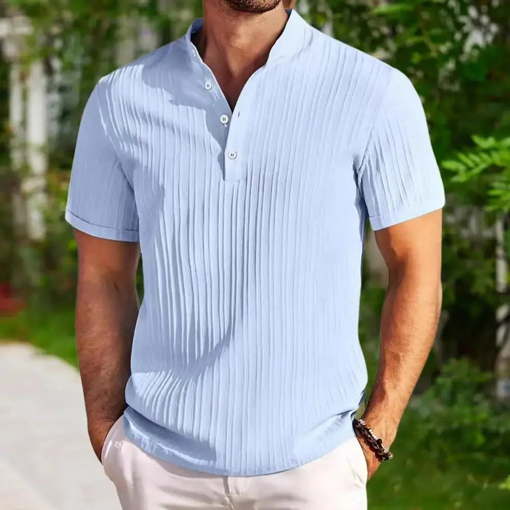 Heren Geborduurd Gestreept Katoenen Henry Overhemd VIQA© NEDERLANDLichtblauw-3XL