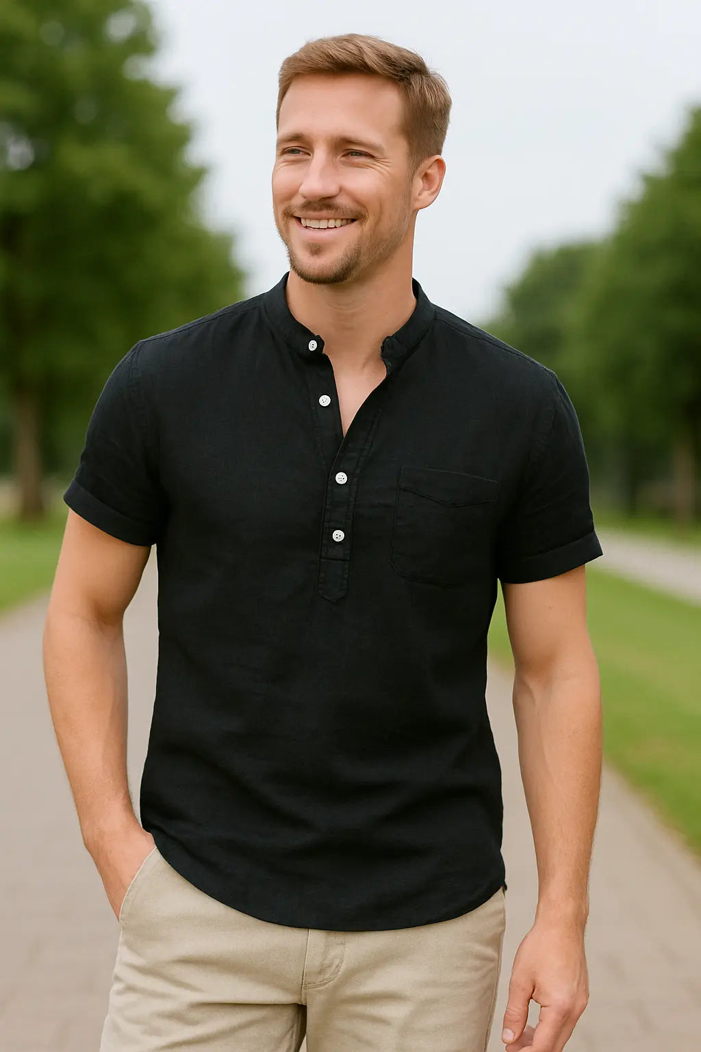 Heren Linnen Katoenen Henley Shirt, Korte Mouw Effen Kleur Strandkleding, Casual Street Style | VIQA VIQA© NEDERLAND