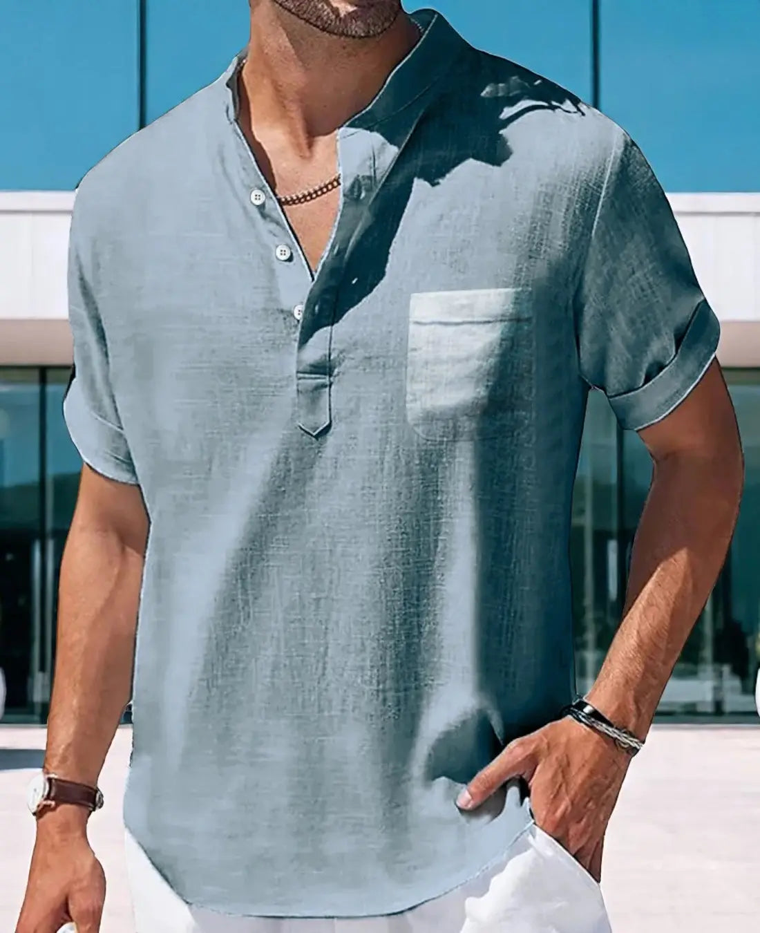 Heren Zomer Linnen Shirt, Casual Korte Mouwen, Ademende Staande Kraag Top Met Zak | VIQA VIQA© NEDERLANDGrijsblauw-2XL