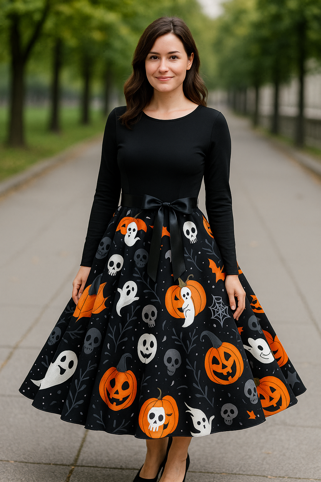 Dames Halloween Jurk, Lange Mouwen O-Hals Casual Zwarte Pompoen Print Feestjurk | VIQA VIQA© NEDERLAND