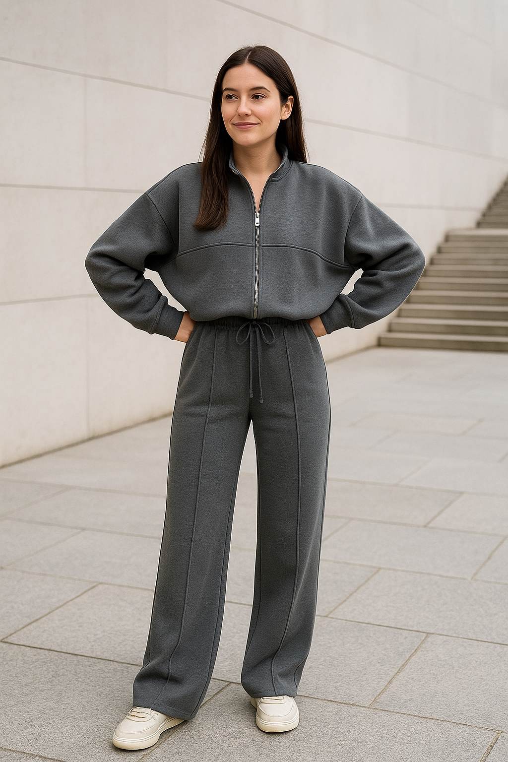 Tweedelige Rrainingspak Set Voor Dames, Sweatshirtjas Met Rits En Broek Met Wijde Pijpen En Trekkoord, Casual Sportkleding Outfit | VIQA VIQA© NEDERLAND