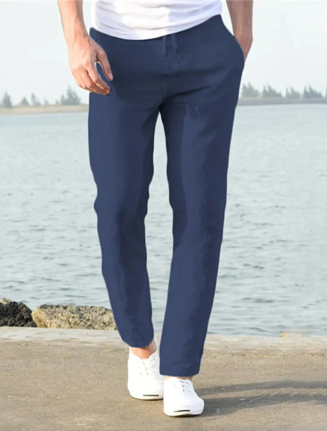 Heren Zomerbroek Katoen Linnen, Lichtgewicht Ademende Broek, Slank Fit Vrijetijdskleding | VIQA VIQA© NEDERLANDDonkerblauw-2XL