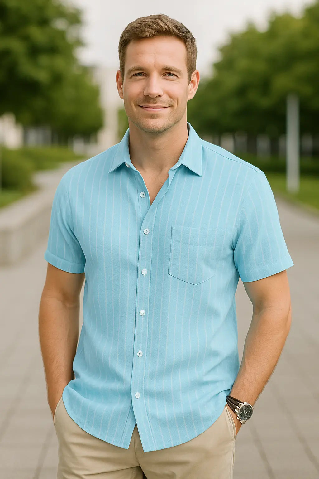 Heren Linnen Shirt, Zomerse Gestreepte Jacquard Met Korte Mouwen, Casual Effen Kleur, Comfortabele Pasvorm | VIQA VIQA© NEDERLAND