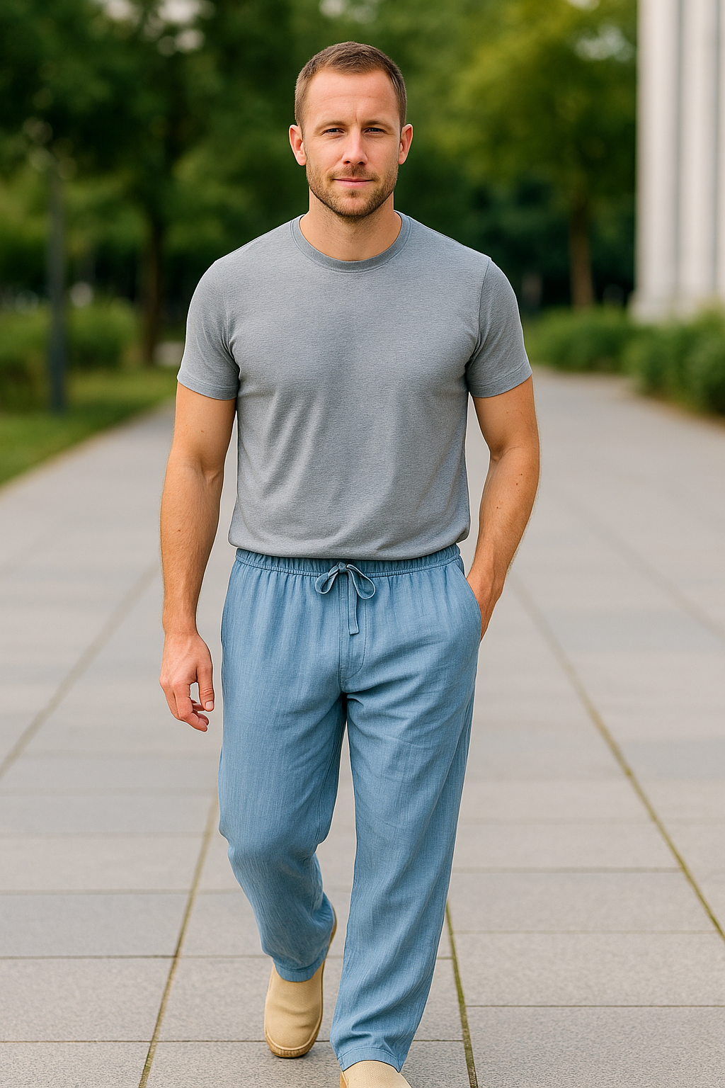 Herenbroek Van Katoen En Linnen, Effen Minimalistische Casual Broek Met Trekkoord En Rechte Pijpen | VIQA VIQA© NEDERLAND