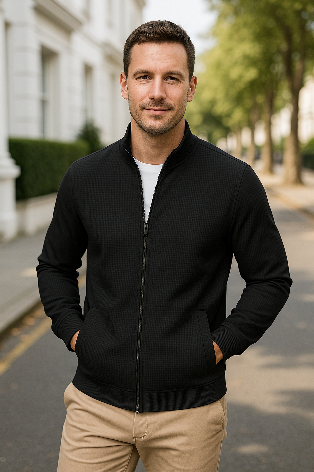 Slim Pasvorm Herenvest, Wafelpatroon, Oslagkraag, Lange Mouwen, Sportieve Stijl En Zak Met Ritssluiting | VIQA VIQA© NEDERLAND