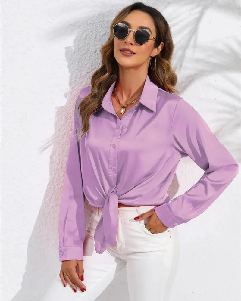 Dames Satijnen Luxe Blouse Shirt Met Lange Mouwen VIQA© NEDERLANDPaars-XXL