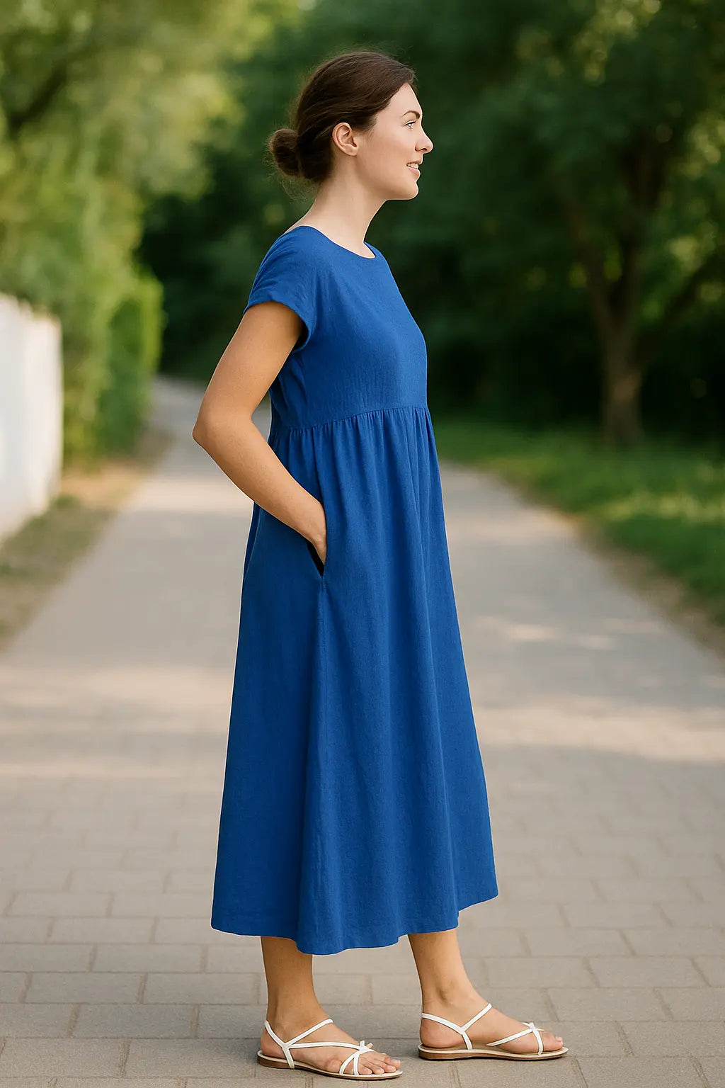 Dames Midi Jurk, Elegante Effen Kleur Met Korte Mouwen, O-Hals En Zakken | VIQA VIQA© NEDERLAND