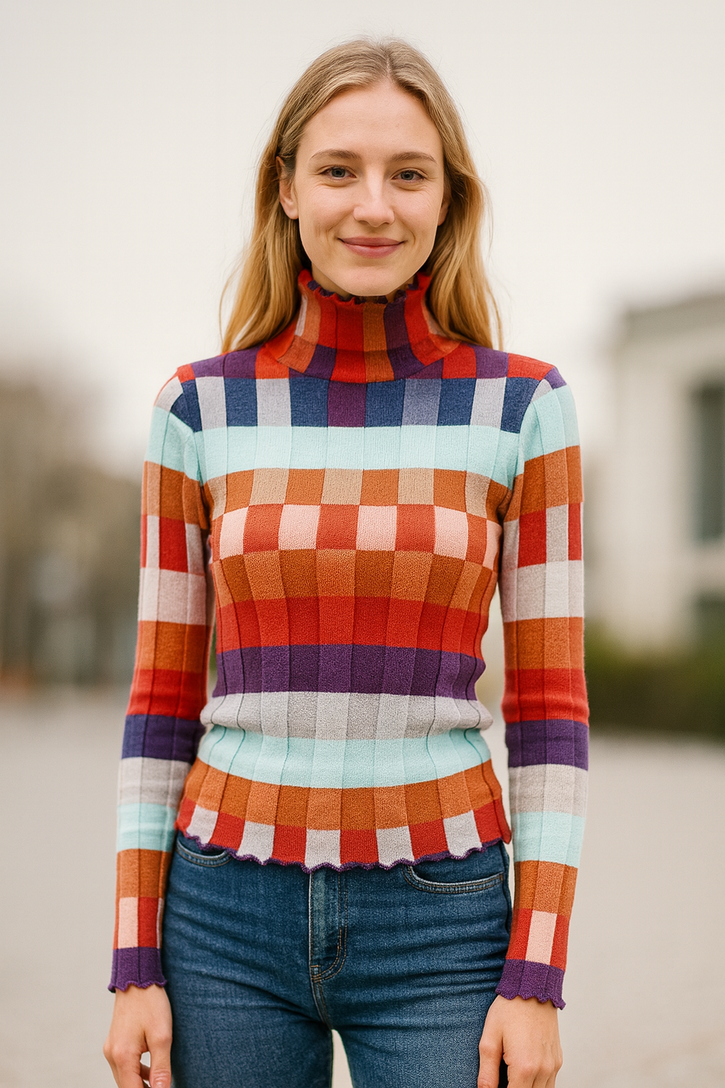 Kleurrijke Geruite Gebreide Trui Voor Dames, Hoge Hals, Slim Pasvorm, Herfst En Winter Pullover | VIQA VIQA© NEDERLAND