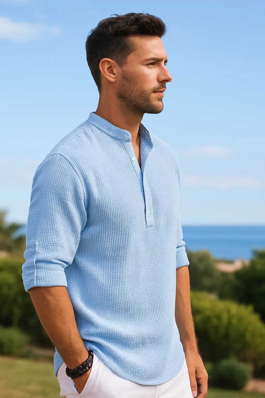 Heren Katoenen Linnen Overhemd, Lange Mouwen Effen Kleur Casual Strand Top Met Staande Kraag | VIQA VIQA© NEDERLAND