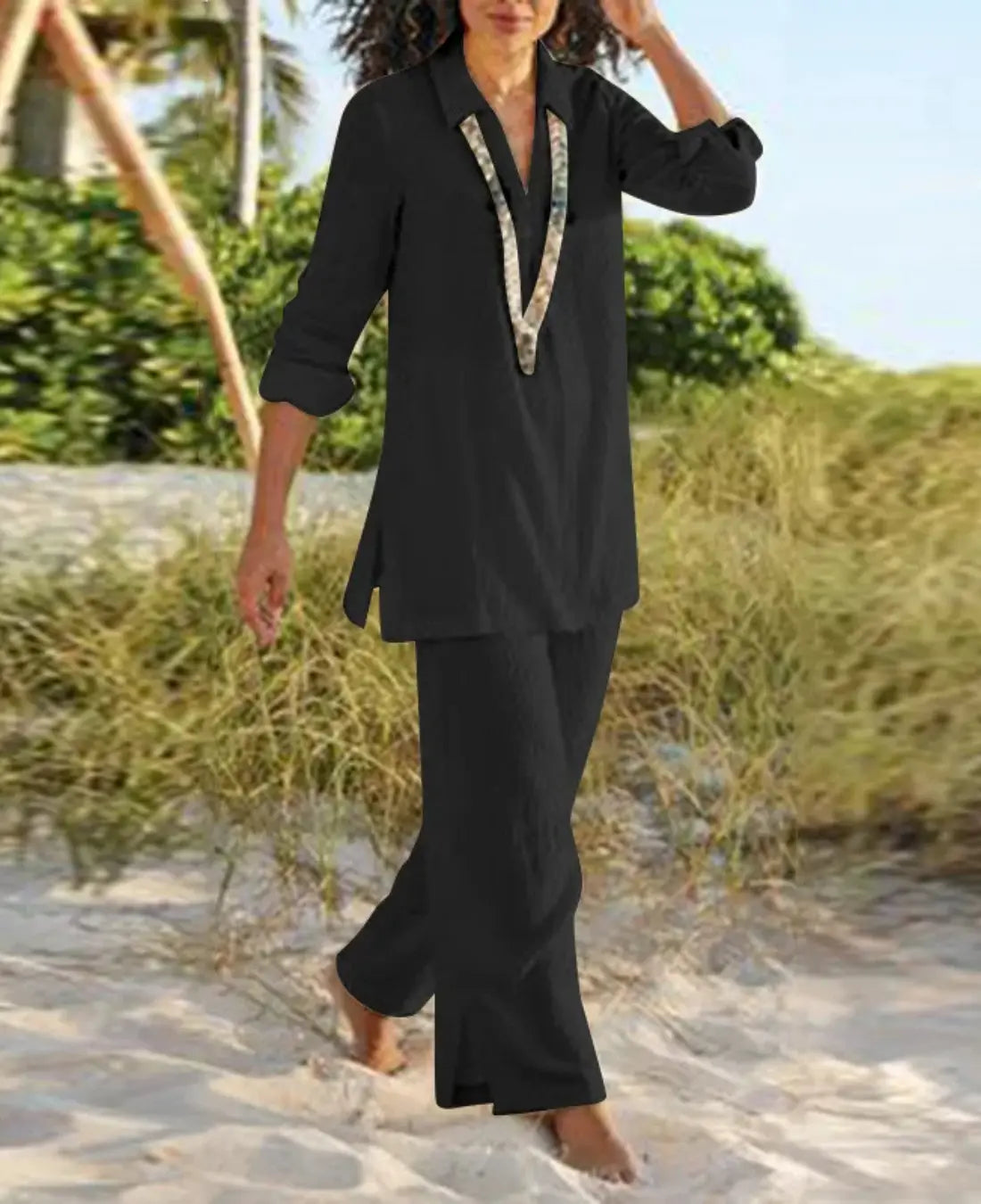 Dames Tweedelige Katoenen Linnen Set VIQA© NEDERLANDZwart-2XL