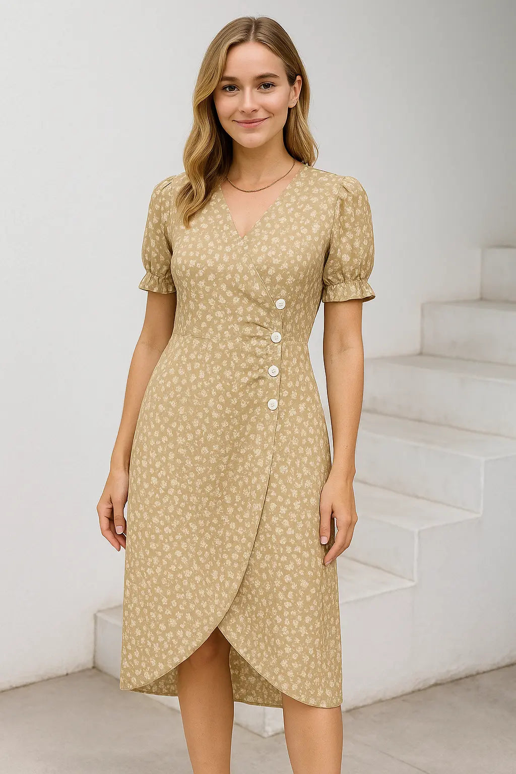 Dames Midi Jurk Met Bloemenprint, Elegante Zomerjurk Met V-Hals, Pofmouwen, Plooien En Knopen | VIQA VIQA© NEDERLAND