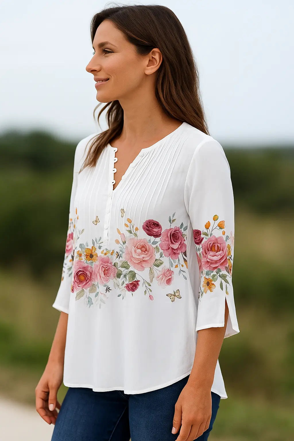 Dames Bloemen V-Hals Blouse, Korte Mouw Knoopdetail Zomer T-Shirt | VIQA VIQA© NEDERLAND