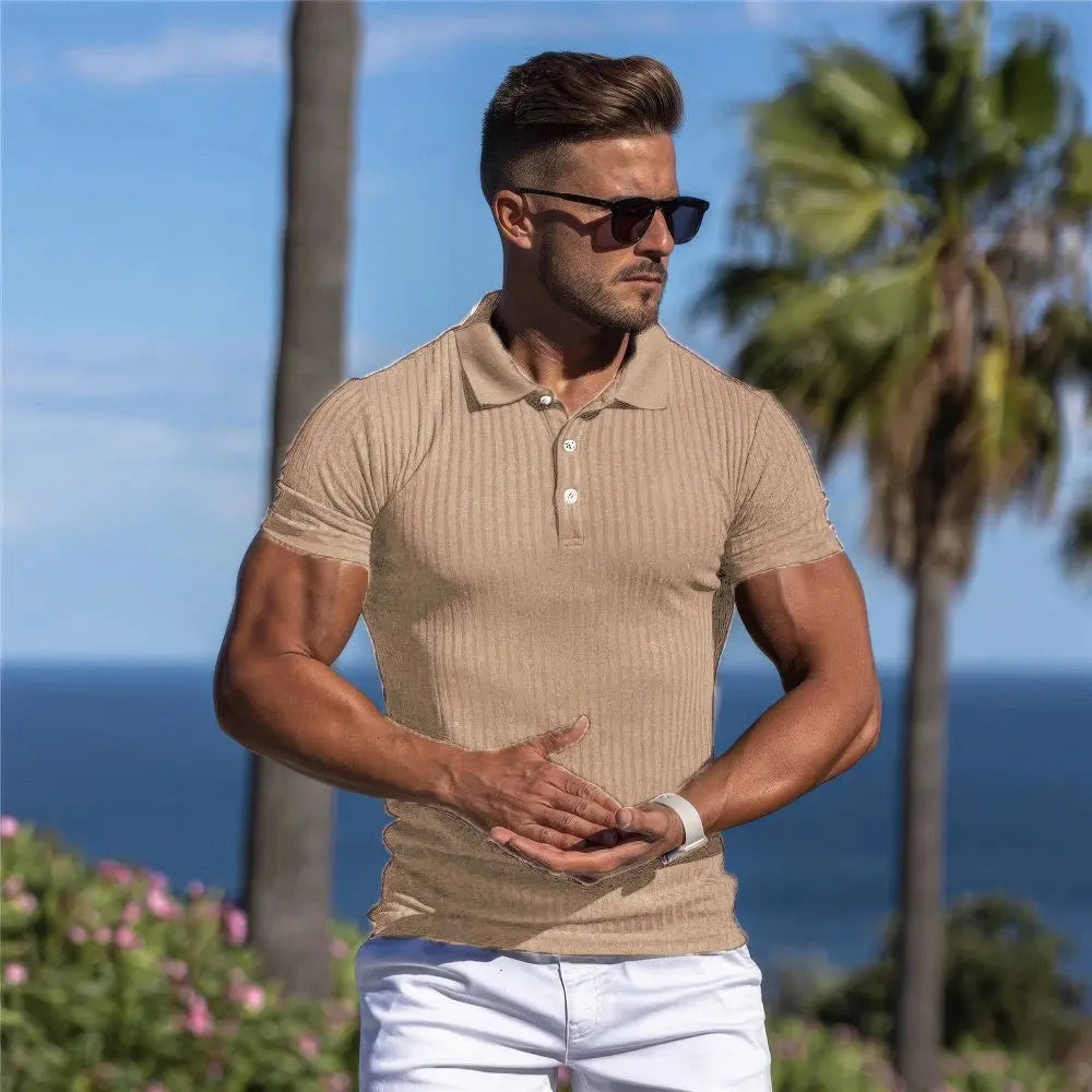 Heren Fitness Polo Met Effen Streep VIQA© NEDERLANDKhaki-3XL