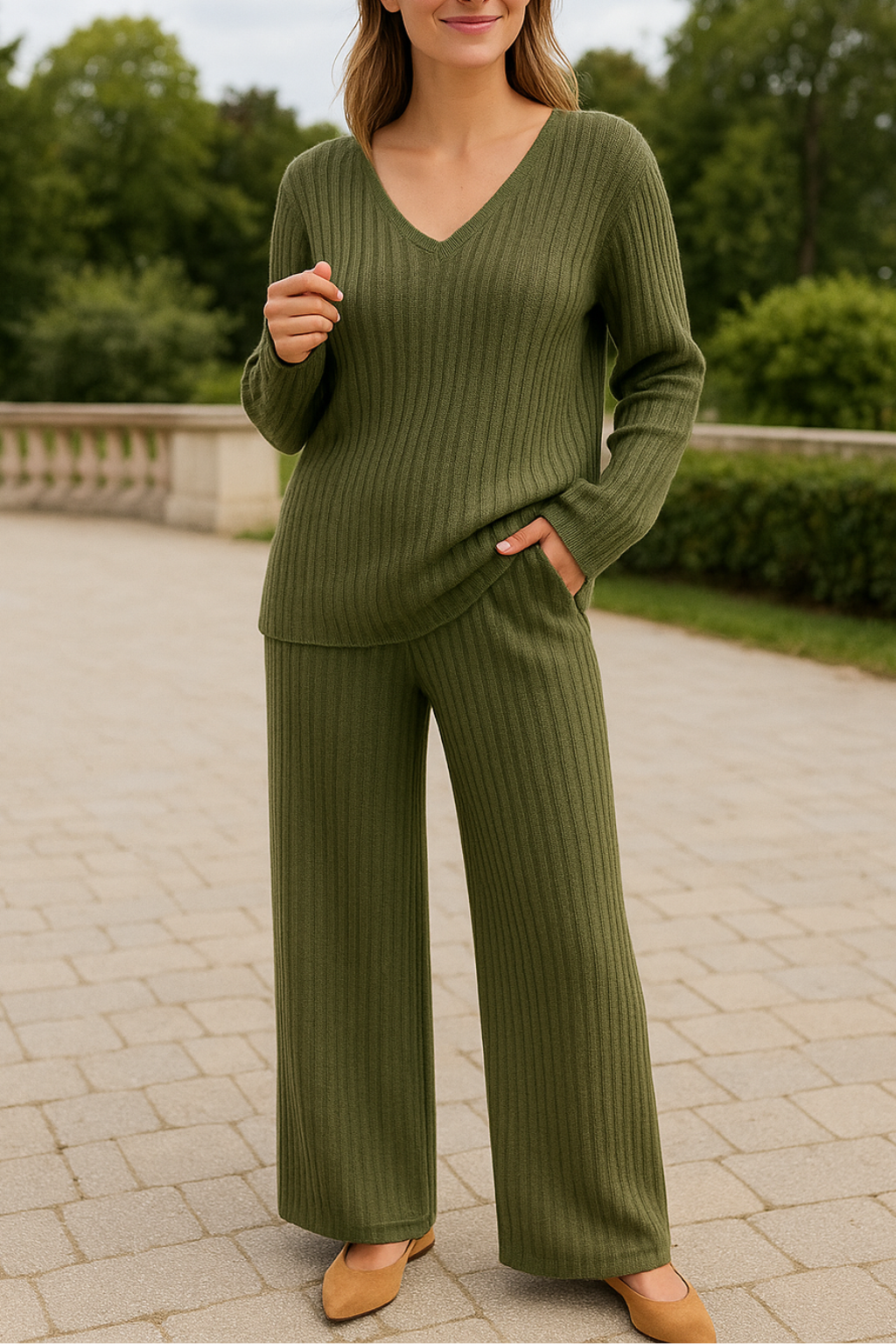 Dames Tweedelige Set, V-hals Geribde Loungewear Met Broek, Herfst Casual Effen Outfit | VIQA VIQA© NEDERLAND