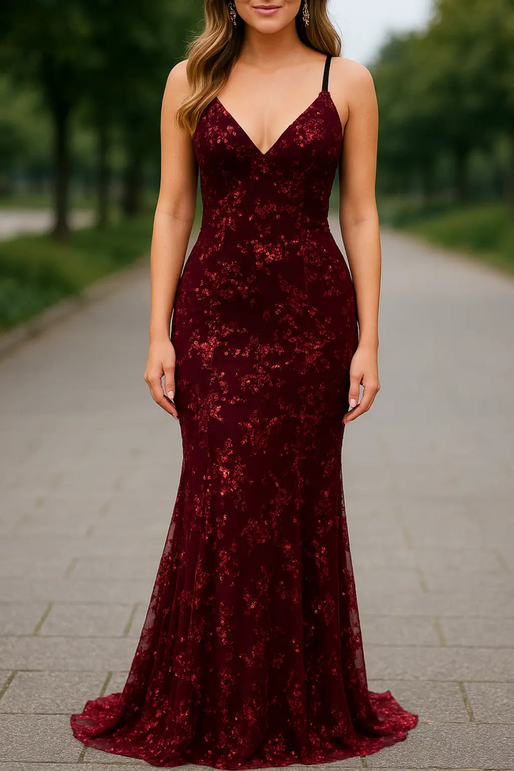 Dames Bodycon Maxi Jurk Met Lovertjes En Mazen, Sexy V-Hals Spaghettibandjes Rugloos Avondjurk | VIQA VIQA© NEDERLANDRood / XL