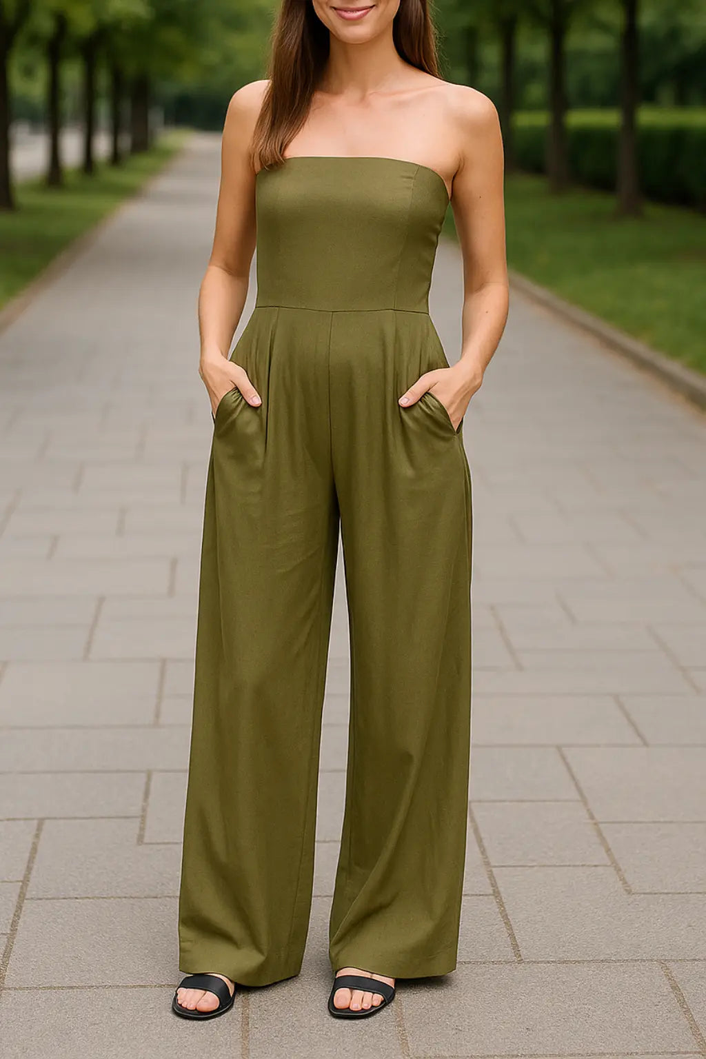 Sexy Rugloze Jumpsuit Voor Dames, Off-Shouder Bodysuit Met Wijde Broekspijpen En Zakken, Zomerse Casual Outfit | VIQA VIQA© NEDERLANDGroen / 2XL