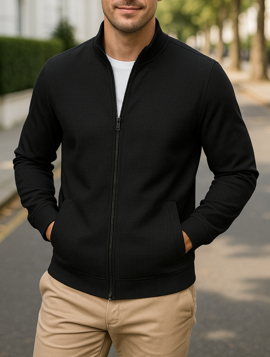 Slim Pasvorm Herenvest, Wafelpatroon, Oslagkraag, Lange Mouwen, Sportieve Stijl En Zak Met Ritssluiting | VIQA VIQA© NEDERLAND
