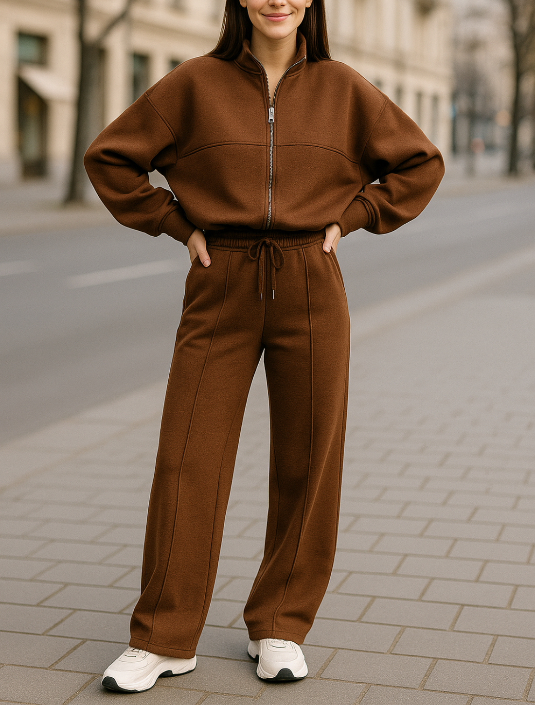 Tweedelige Rrainingspak Set Voor Dames, Sweatshirtjas Met Rits En Broek Met Wijde Pijpen En Trekkoord, Casual Sportkleding Outfit | VIQA VIQA© NEDERLAND