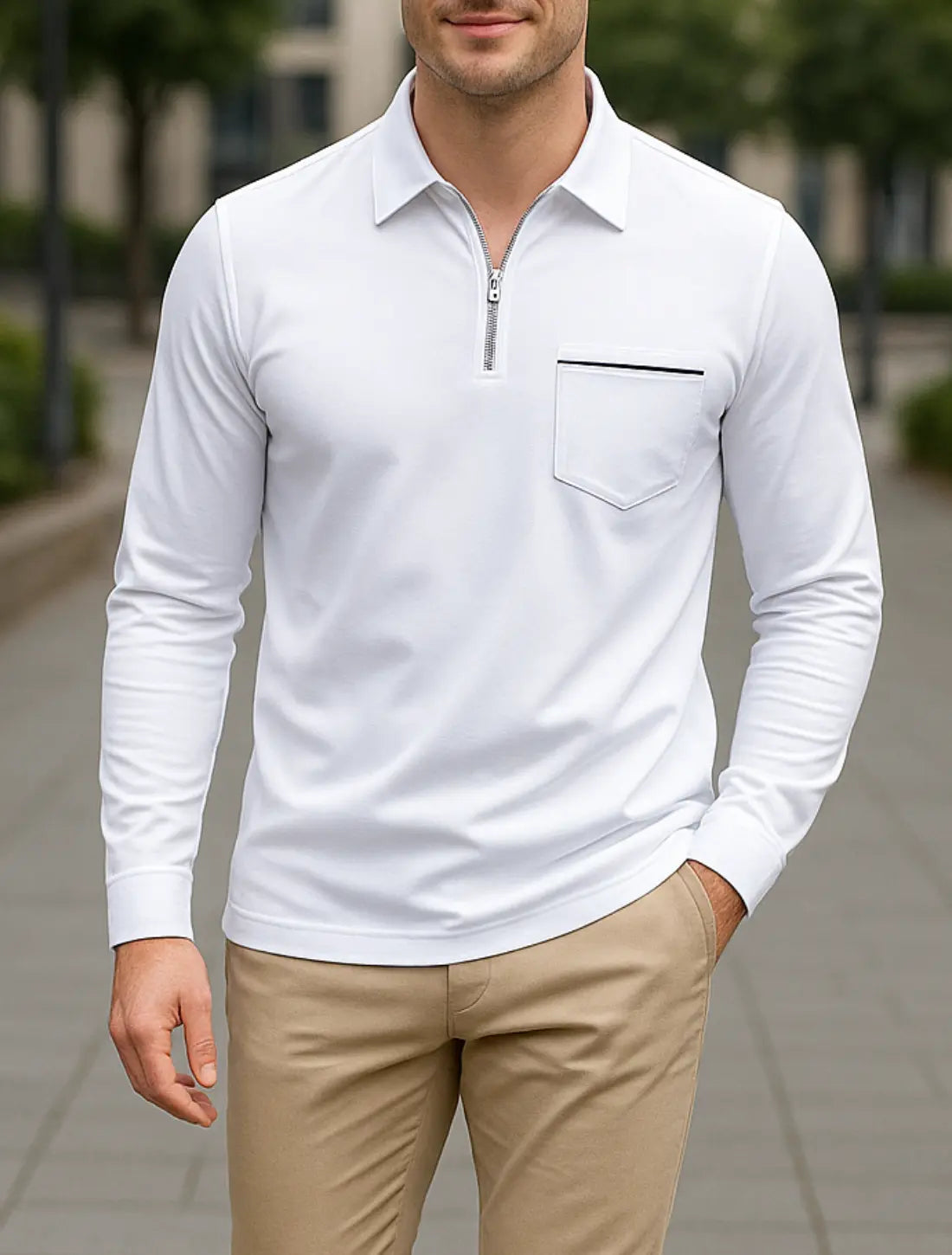 Heren Lange Mouwen Poloshirt, Hoge Kwaliteit Business Casual Kap Met Zak, Lente Herfst Slijtage | VIQA VIQA© NEDERLANDWit / 2XL