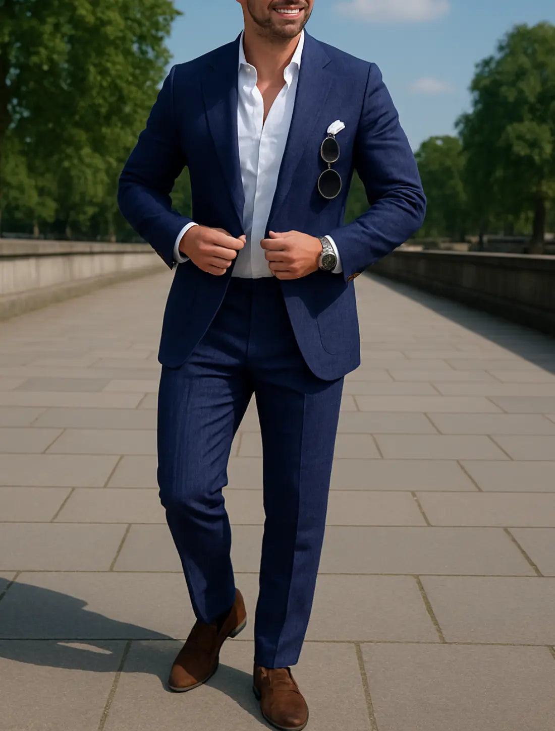 Linnen Herenset, Zomerdelige Tweedelige Blazer En broek, Casual Zakelijk Enkelknoops Kostuum | VIQA VIQA© NEDERLANDBlauw / 2XL