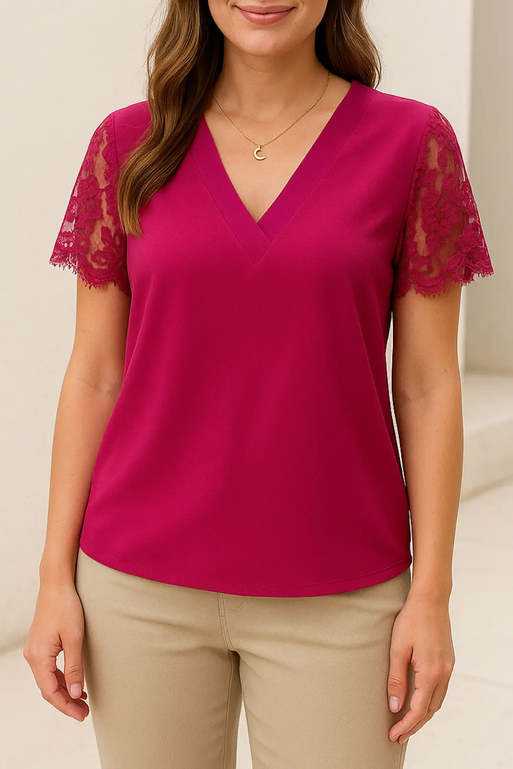 Dames V-Hals Jacquard Top, Effen Kleur Korte Mouwen Blouse, Elegante Zomer Casual Shirt | VIQA VIQA© NEDERLANDRoze / XL