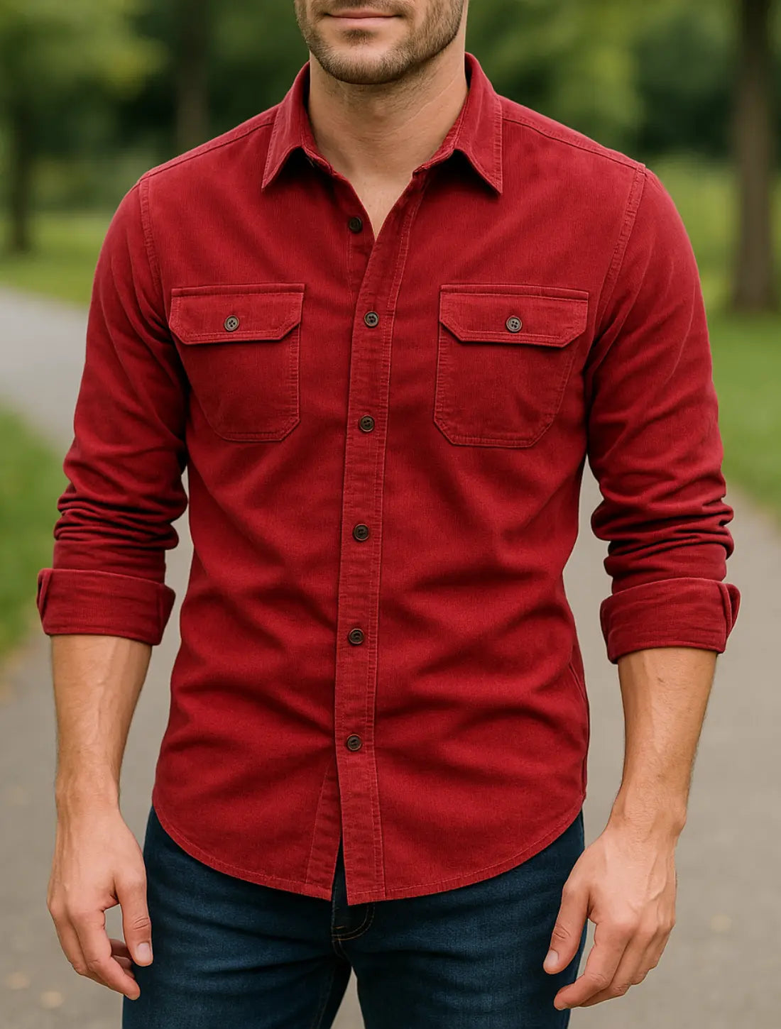 Heren Corduroy Overhemd, Lange Mouw Slim Pasvorm, Effen Kleur Zakelijk Casual Wear | VIQA VIQA© NEDERLANDRood / 2XL