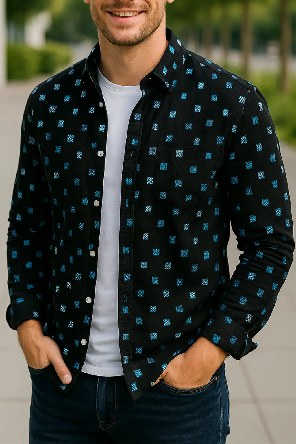 Heren Shirtjas Met Print, Omgeslagen Kraag, Lange Mouwen, Losse Pasvorm, Streetwear Jas | VIQA VIQA© NEDERLANDZwart-2XL