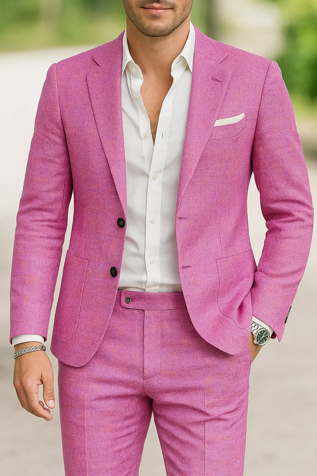 Heren Linnen Zomerpak Set, 2-delige Slim Fit Strand Bruiloft Outfit, Notch Revers Blazer En Broek | VIQA VIQA© NEDERLANDRoze / 2XL