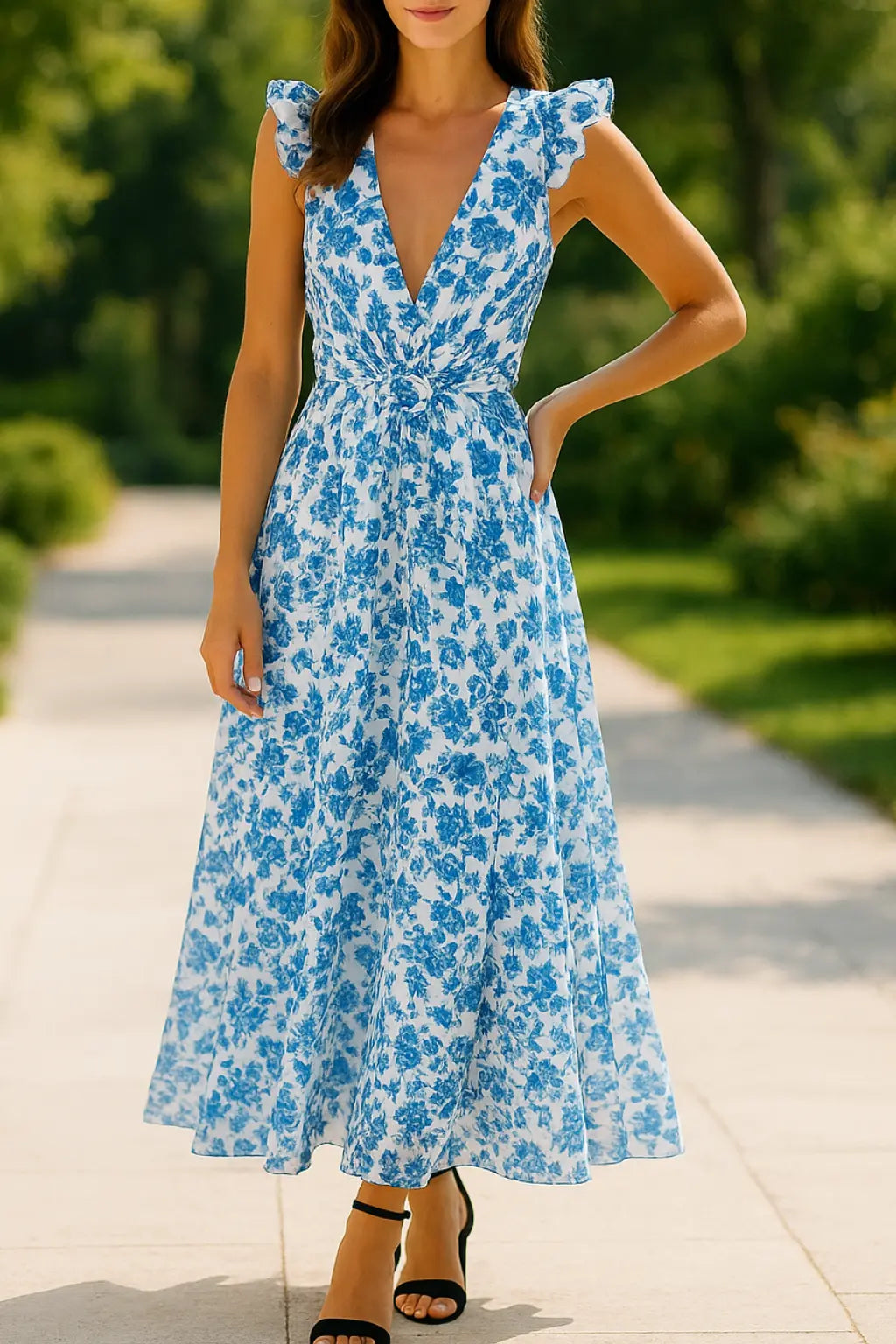 Dames Sexy Bloemige Maxi Jurk, Zomer V-Hals Rugloze Geruffelde Slanke Pasvorm Vakantie Jurk | VIQA VIQA© NEDERLANDBlauw / XL