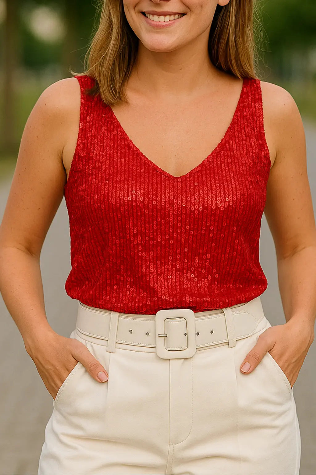 Dames Blouse Met Lovertjes, Mouwloos V-Hals Fonkelende Feesthemd, Sexy Top | VIQA VIQA© NEDERLANDRood / 2XL