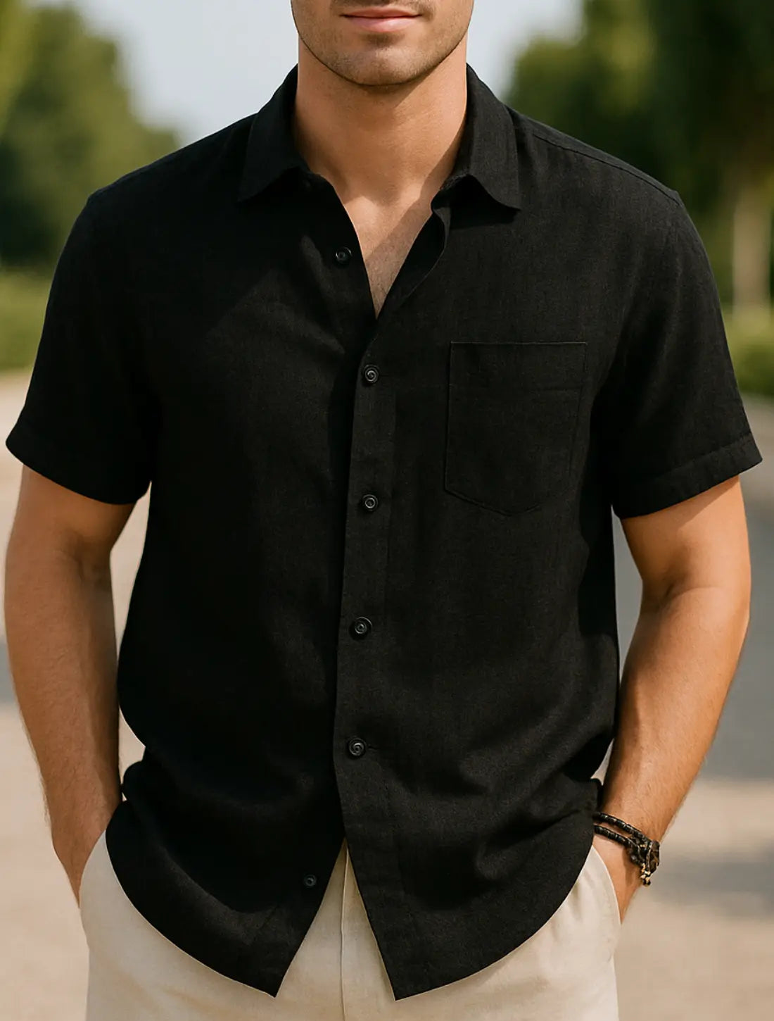 Heren Shirt Met Korte Mouwen, Zomerse Casual Strandkleding, Effen Kleur Gedraaide Kraag | VIQA VIQA© NEDERLANDZwart / 2XL