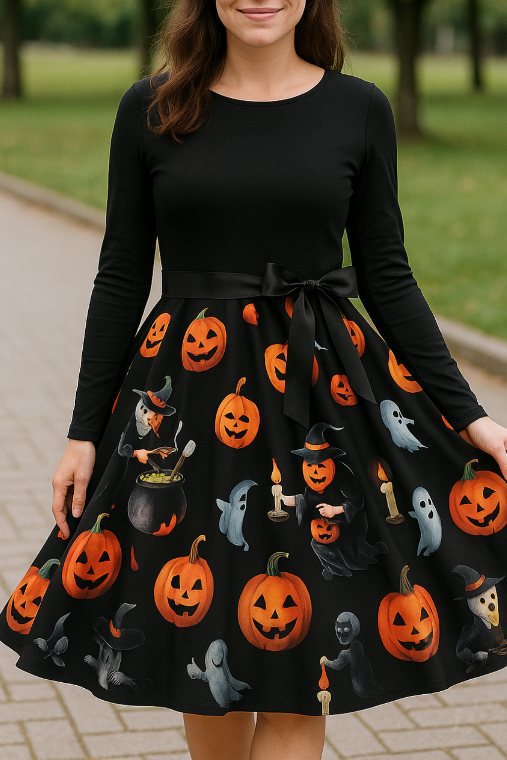 Dames Halloween Jurk, Lange Mouwen O-Hals Casual Zwarte Pompoen Print Feestjurk | VIQA VIQA© NEDERLAND
