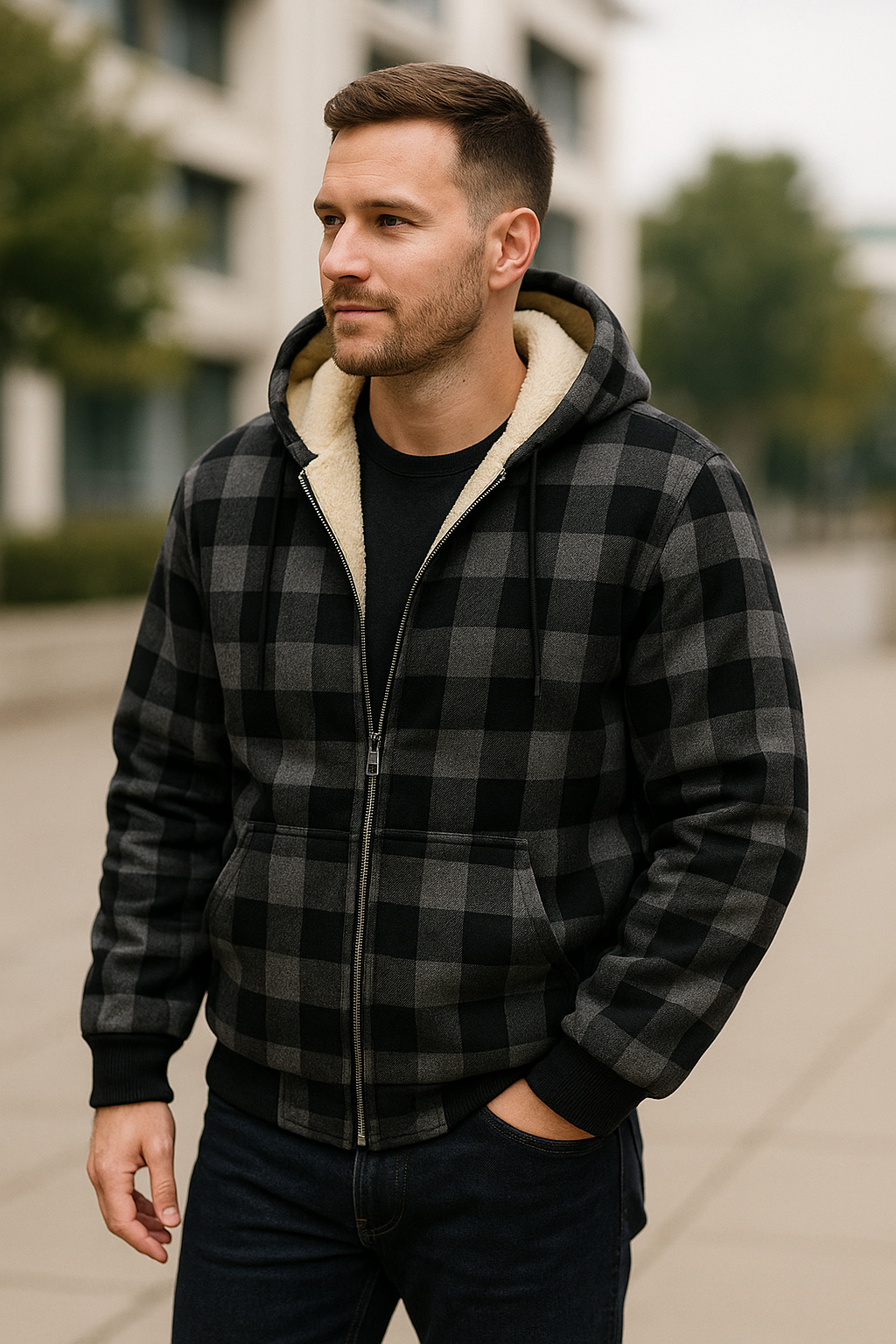 Herenvest met capuchon van lamswol, geruit fleece Zip-Up winters warm jack bovenkleding VIQA VIQA© NEDERLAND