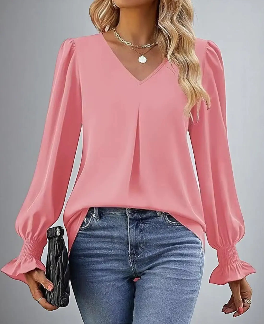 Kristina Dames Zomer V-Hals Blouse Met Lange Mouwen VIQA© NEDERLANDRoze-2XL